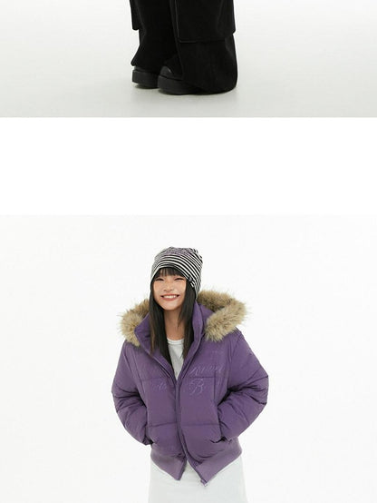 atrandom Cropped Fur Collar Detachable Hood Slim Fit Women&