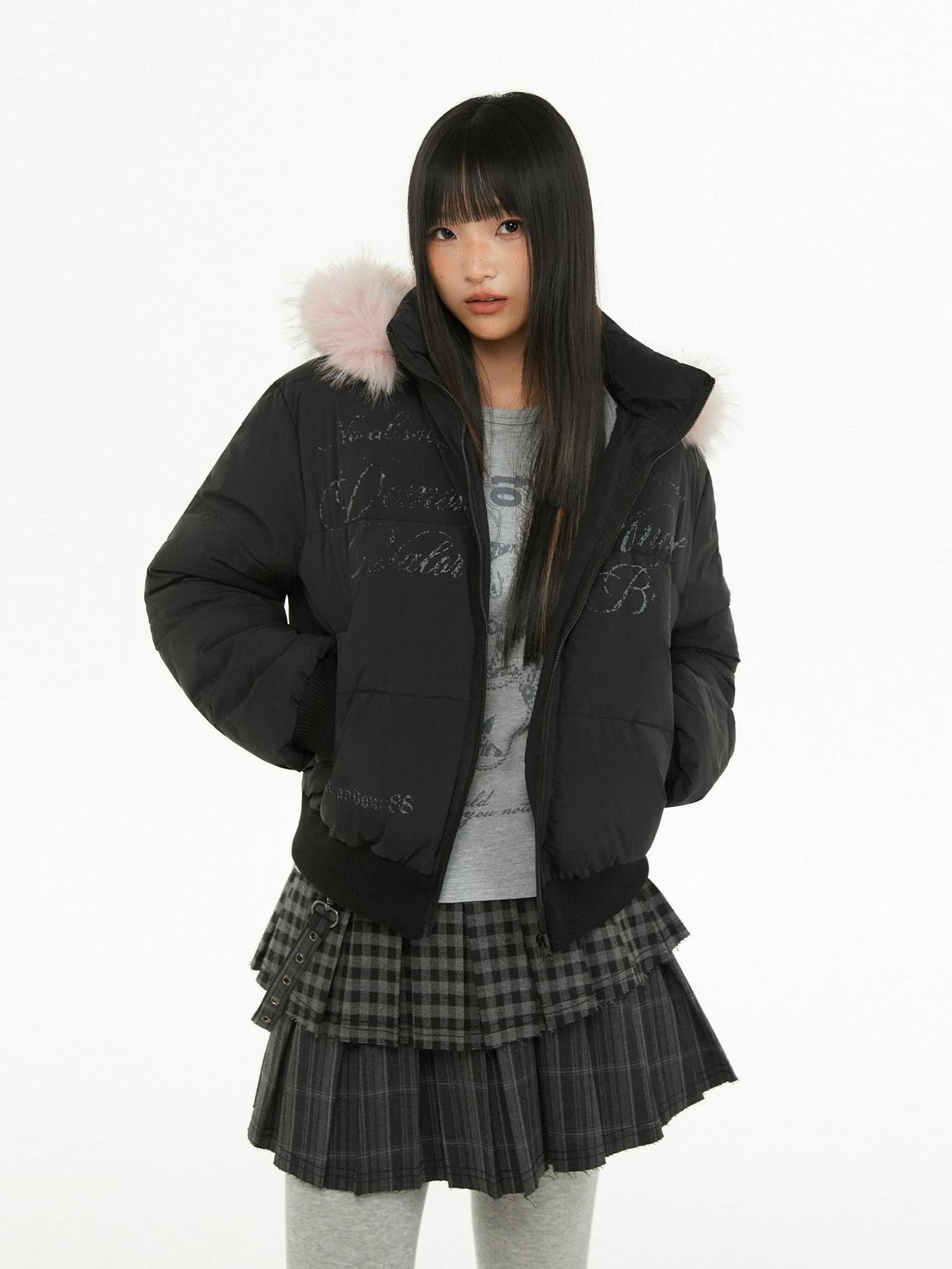 atrandom Cropped Fur Collar Detachable Hood Slim Fit Women&