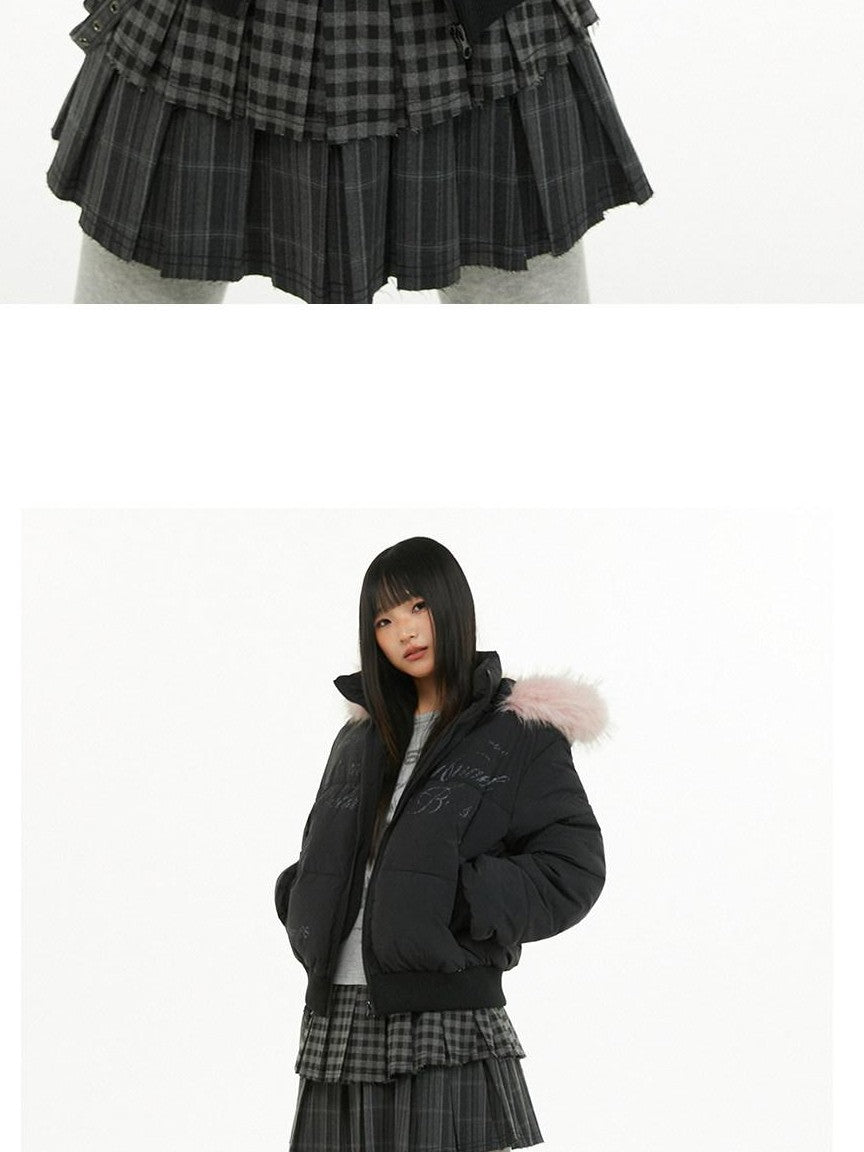 atrandom Cropped Fur Collar Detachable Hood Slim Fit Women&