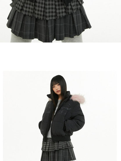 atrandom Cropped Fur Collar Detachable Hood Slim Fit Women&