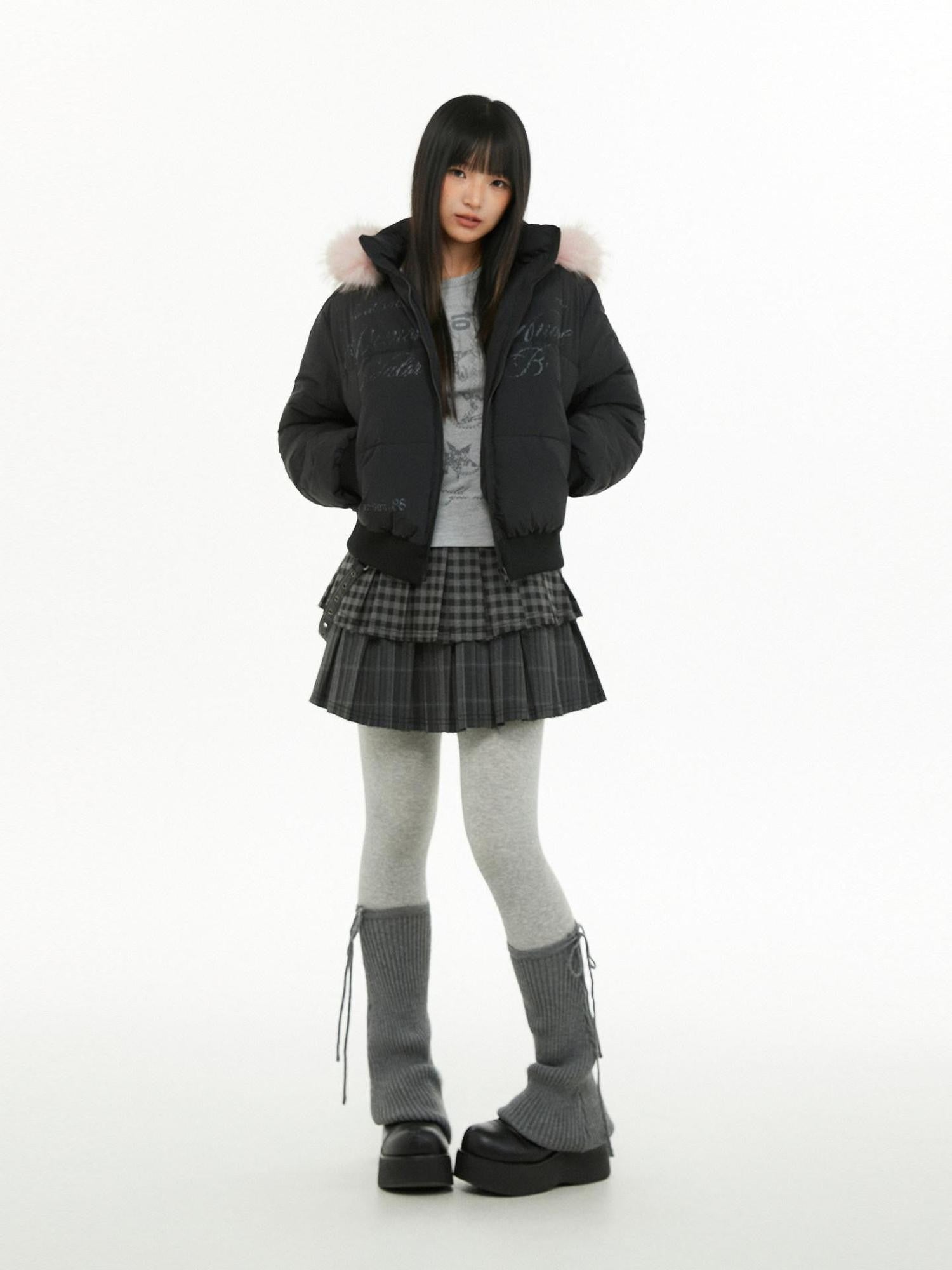 atrandom Cropped Fur Collar Detachable Hood Slim Fit Women&