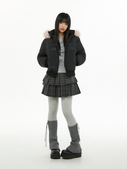 atrandom Cropped Fur Collar Detachable Hood Slim Fit Women&