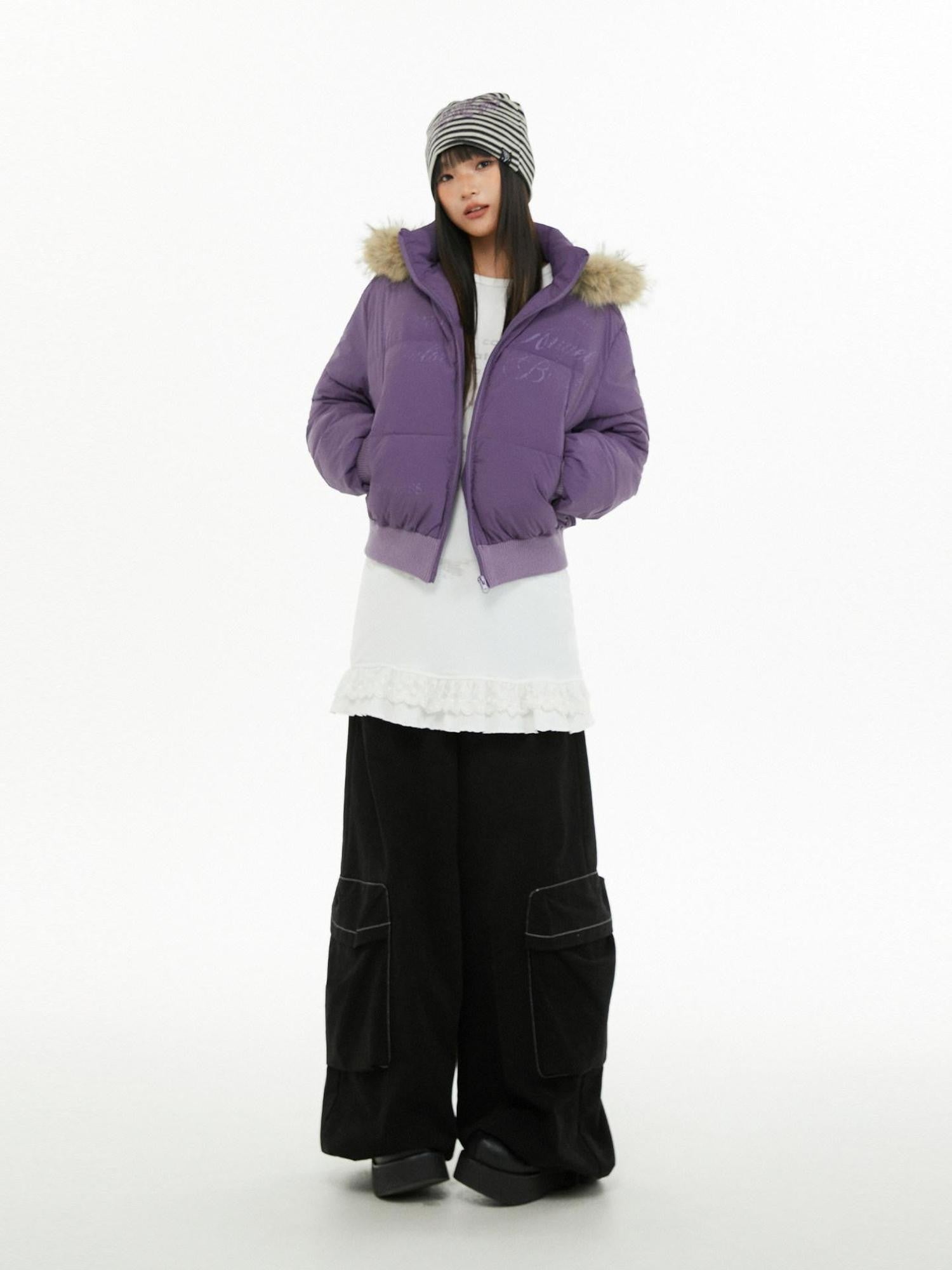 atrandom Cropped Fur Collar Detachable Hood Slim Fit Women&