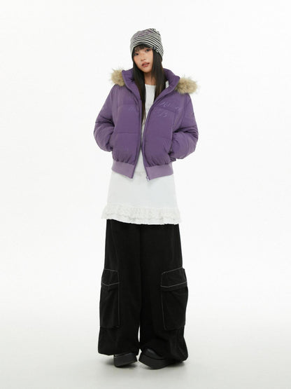 atrandom Cropped Fur Collar Detachable Hood Slim Fit Women&