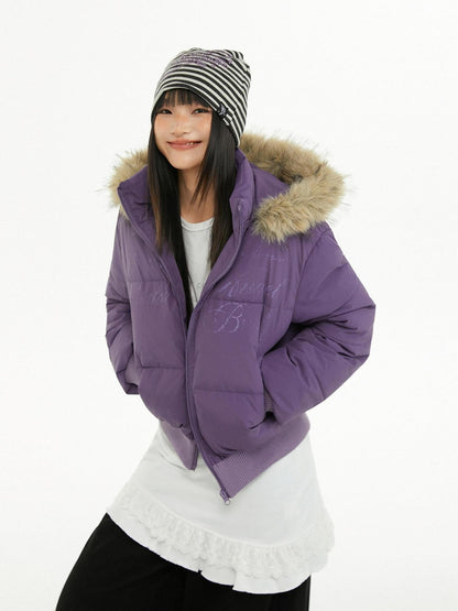 atrandom Cropped Fur Collar Detachable Hood Slim Fit Women&