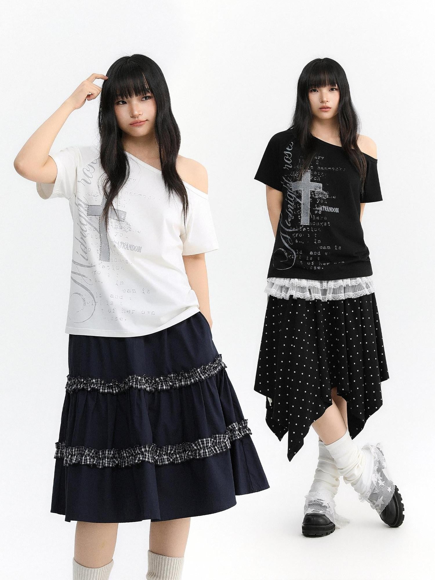 atrandom Cross Print Asymmetric Shoulder Women&
