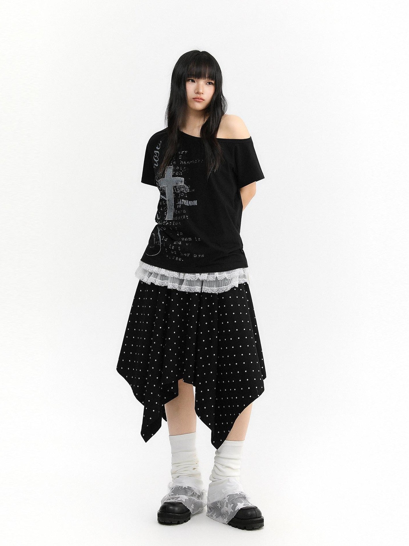 atrandom Cross Print Asymmetric Shoulder Women&