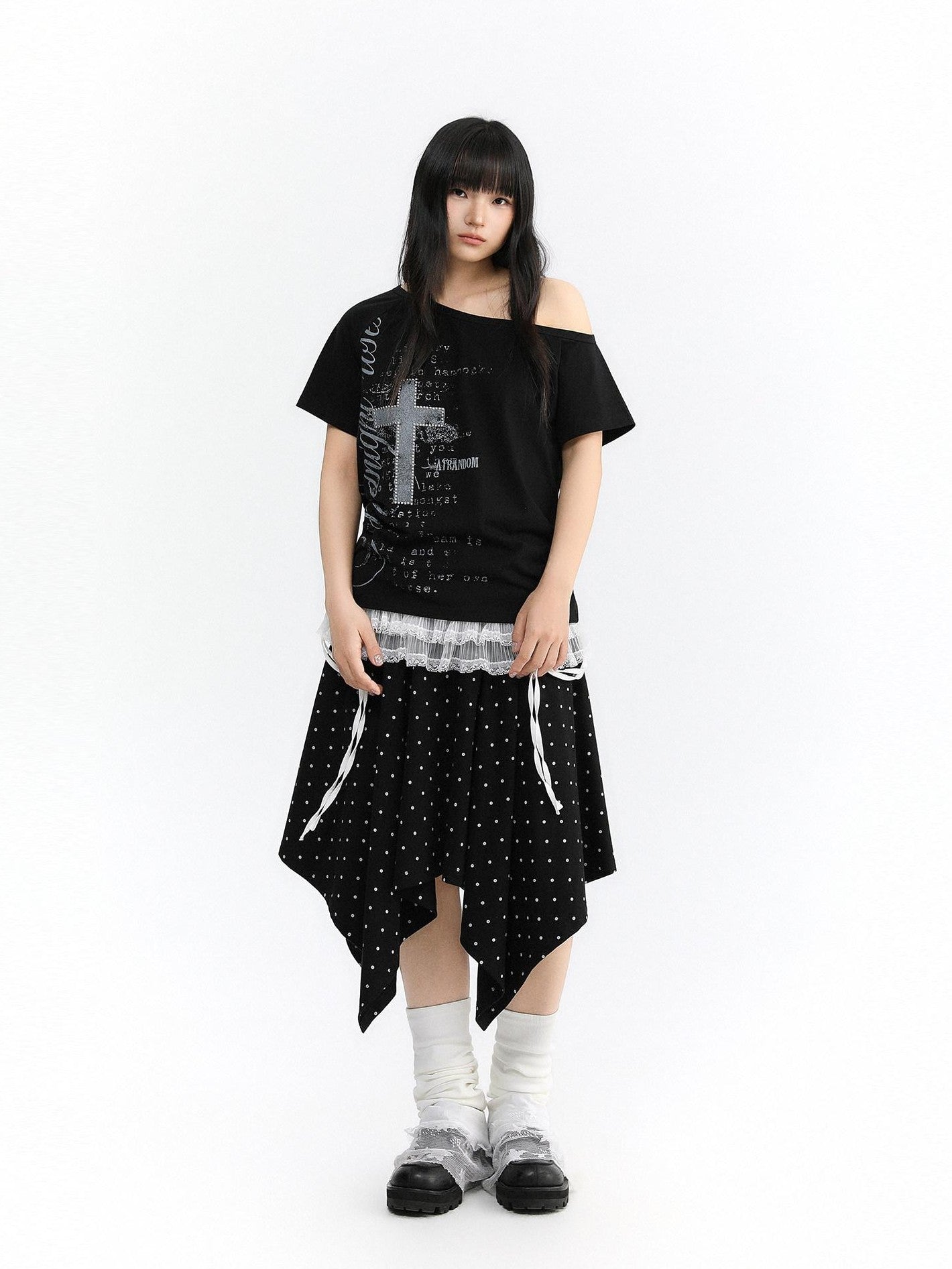 atrandom Cross Print Asymmetric Shoulder Women&
