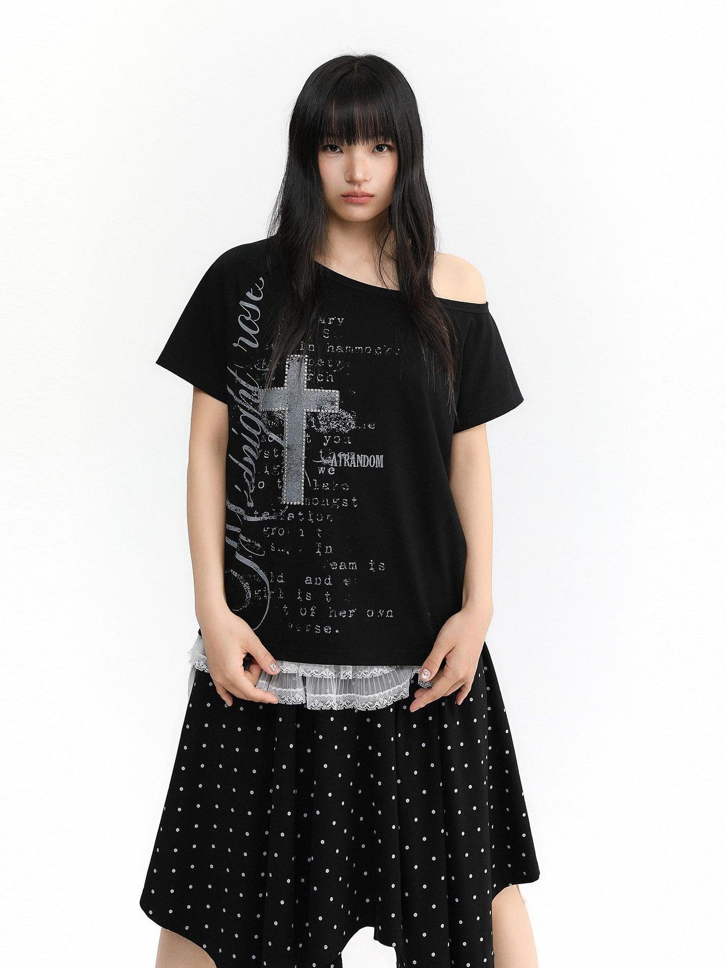 atrandom Cross Print Asymmetric Shoulder Women&