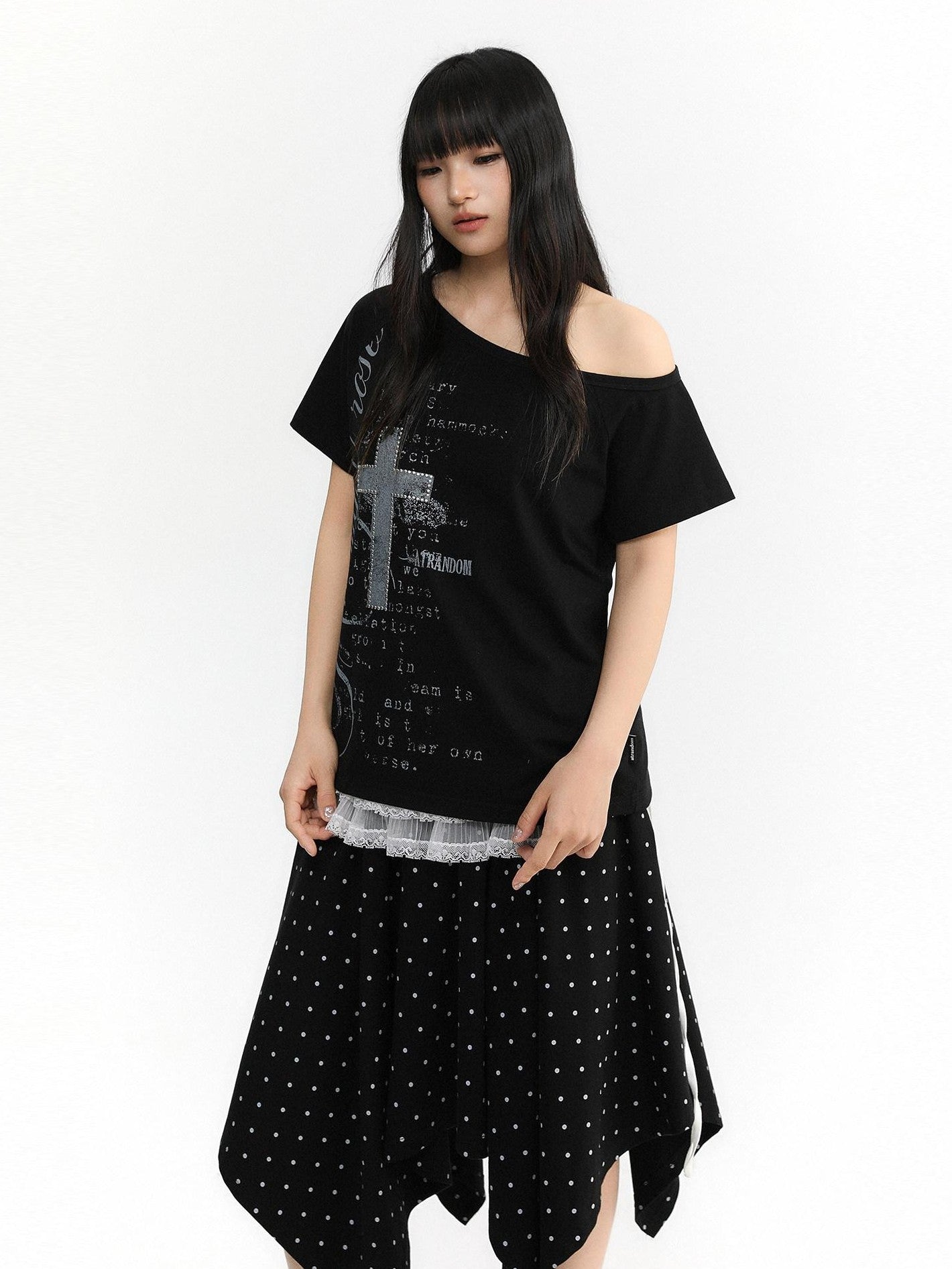 atrandom Cross Print Asymmetric Shoulder Women&