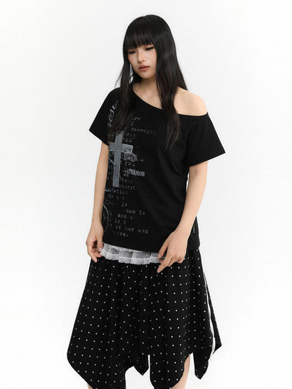 atrandom Cross Print Asymmetric Shoulder Women&