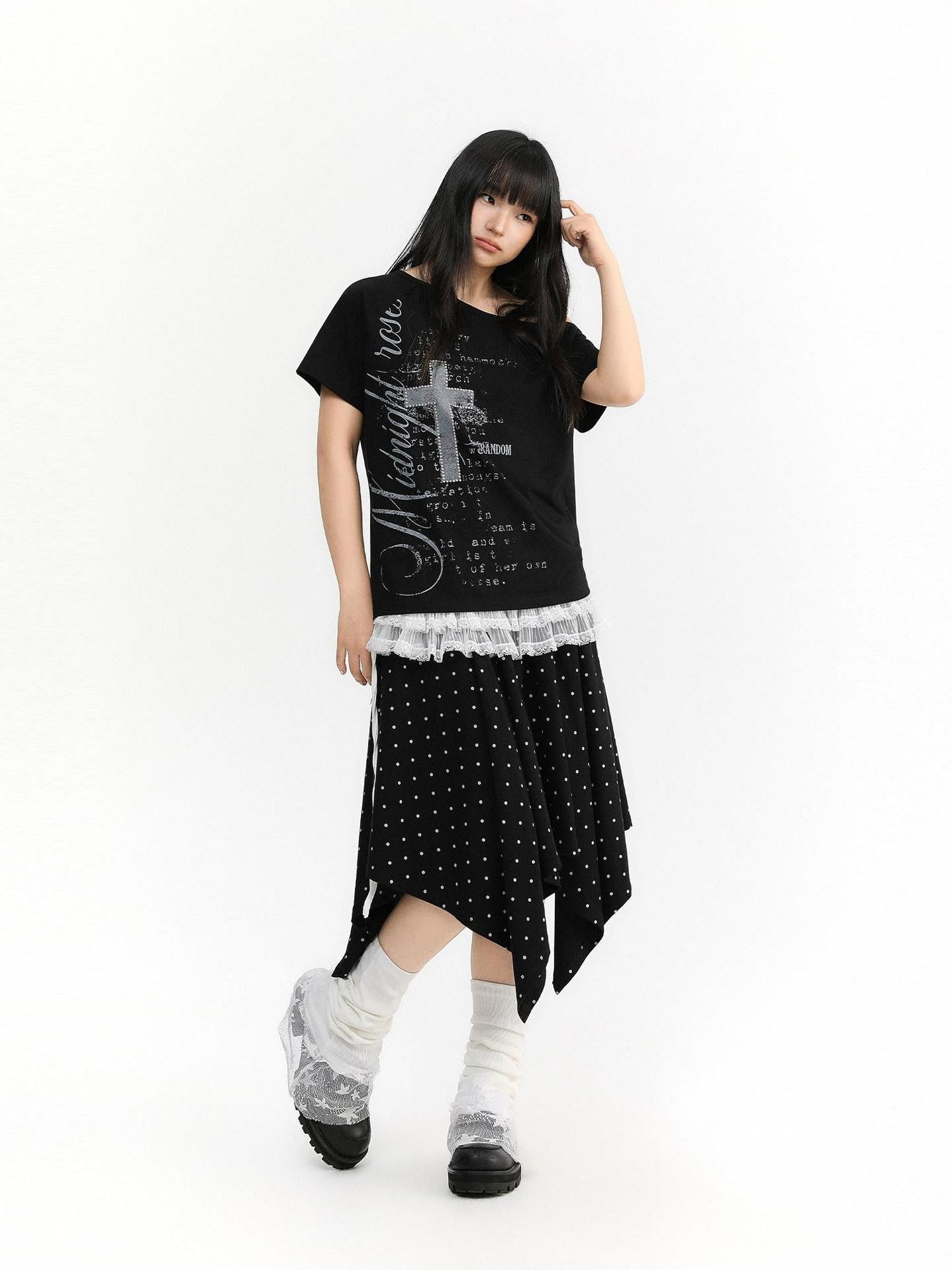 atrandom Cross Print Asymmetric Shoulder Women&