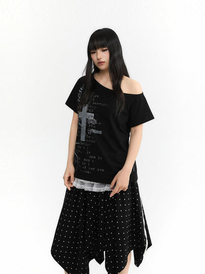 atrandom Cross Print Asymmetric Shoulder Women&