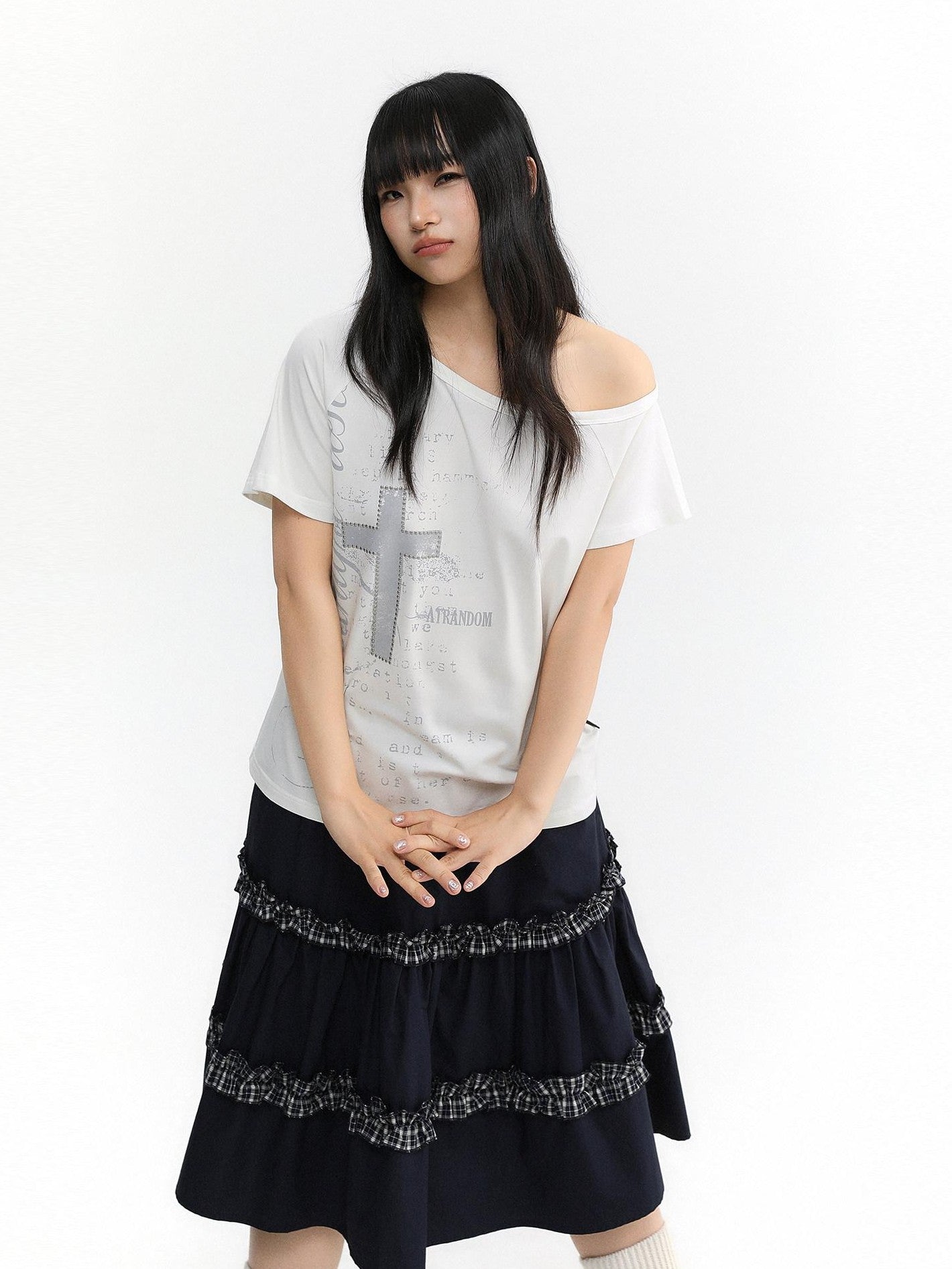 atrandom Cross Print Asymmetric Shoulder Women&