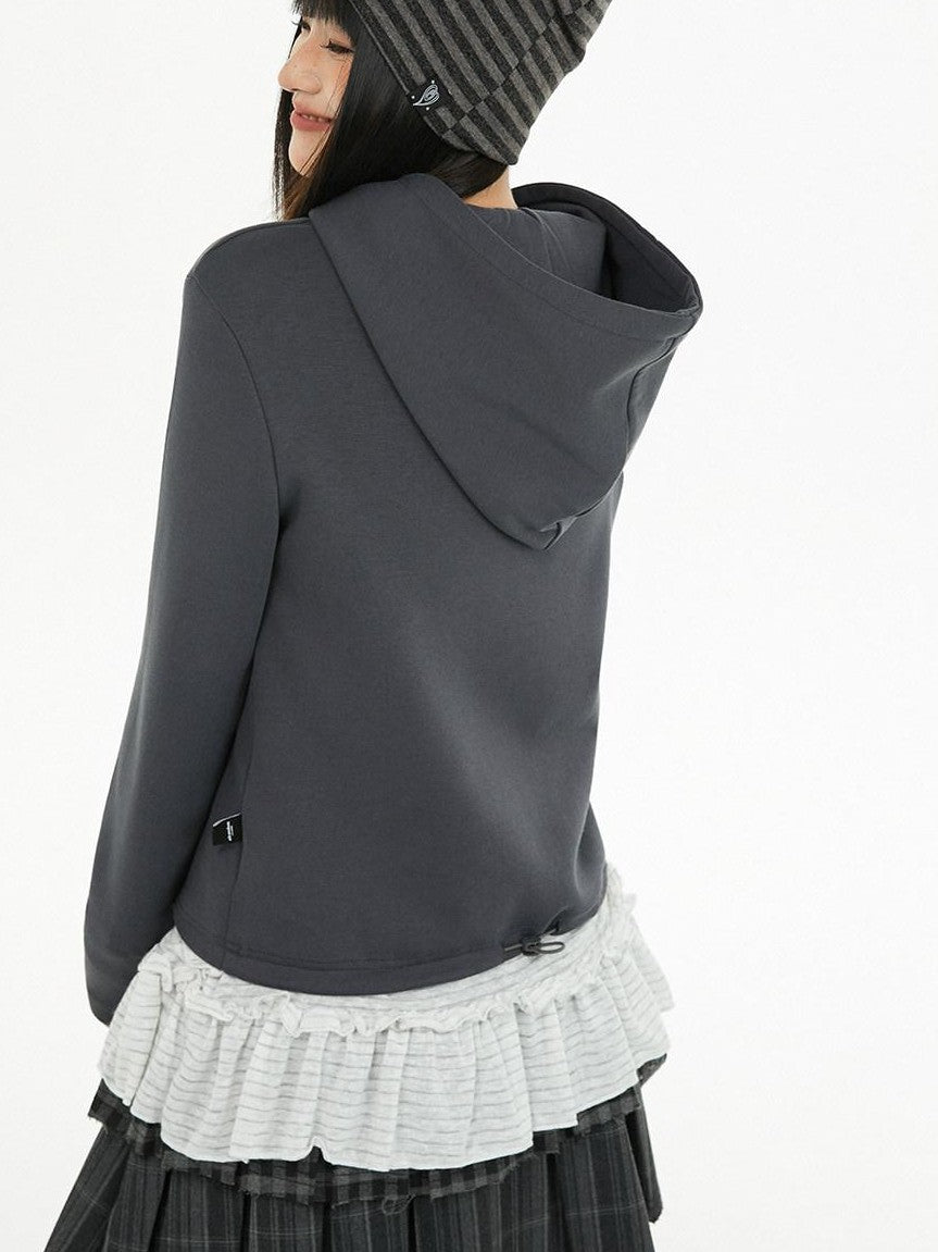 atrandom Dark Gray Air Layer Letter Print Drawstring Hooded Women&