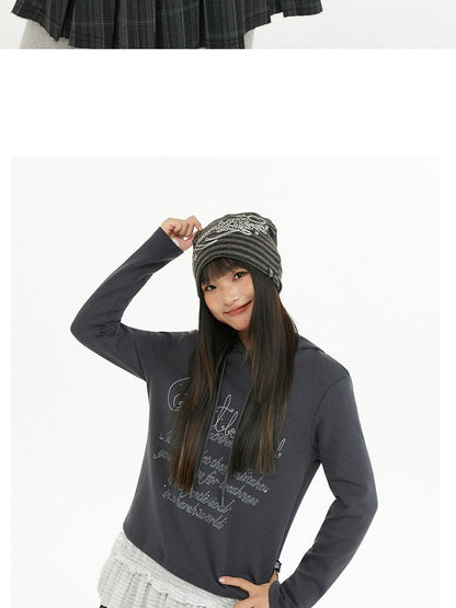 atrandom Dark Gray Air Layer Letter Print Drawstring Hooded Women&