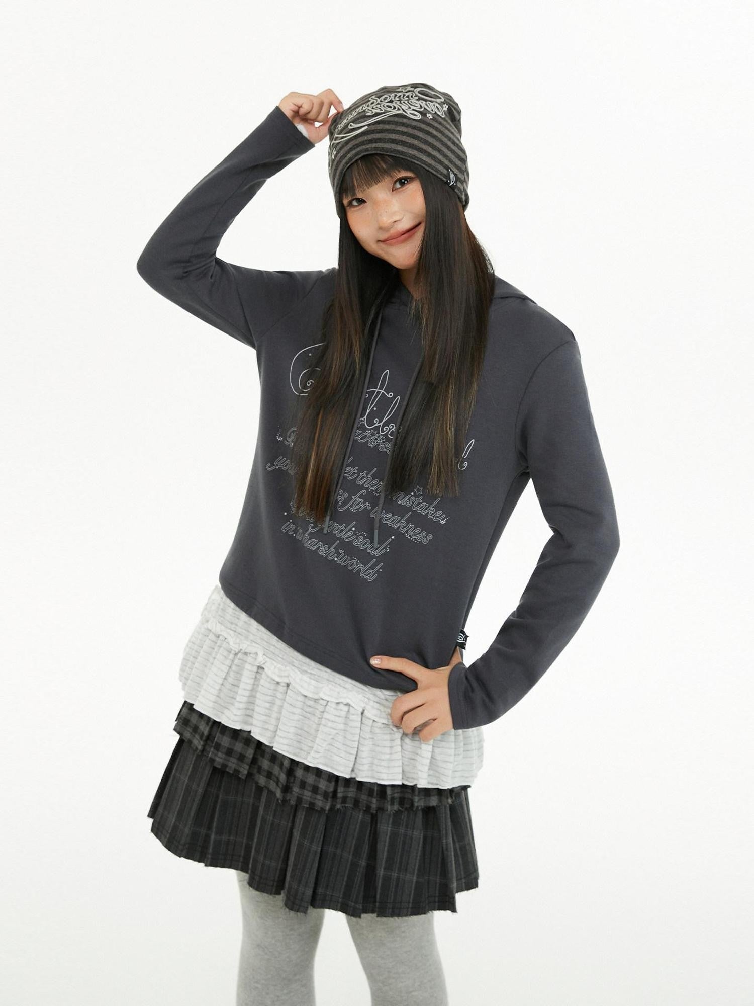 atrandom Dark Gray Air Layer Letter Print Drawstring Hooded Women&