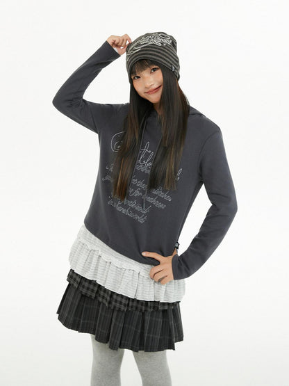 atrandom Dark Gray Air Layer Letter Print Drawstring Hooded Women&