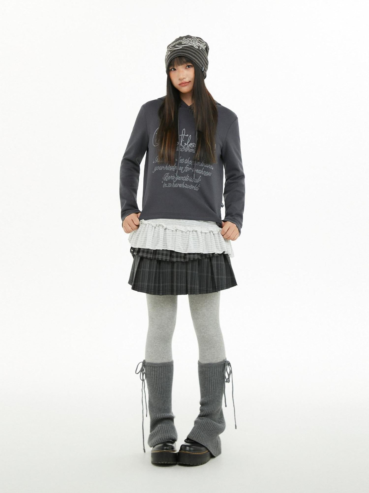 atrandom Dark Gray Air Layer Letter Print Drawstring Hooded Women&