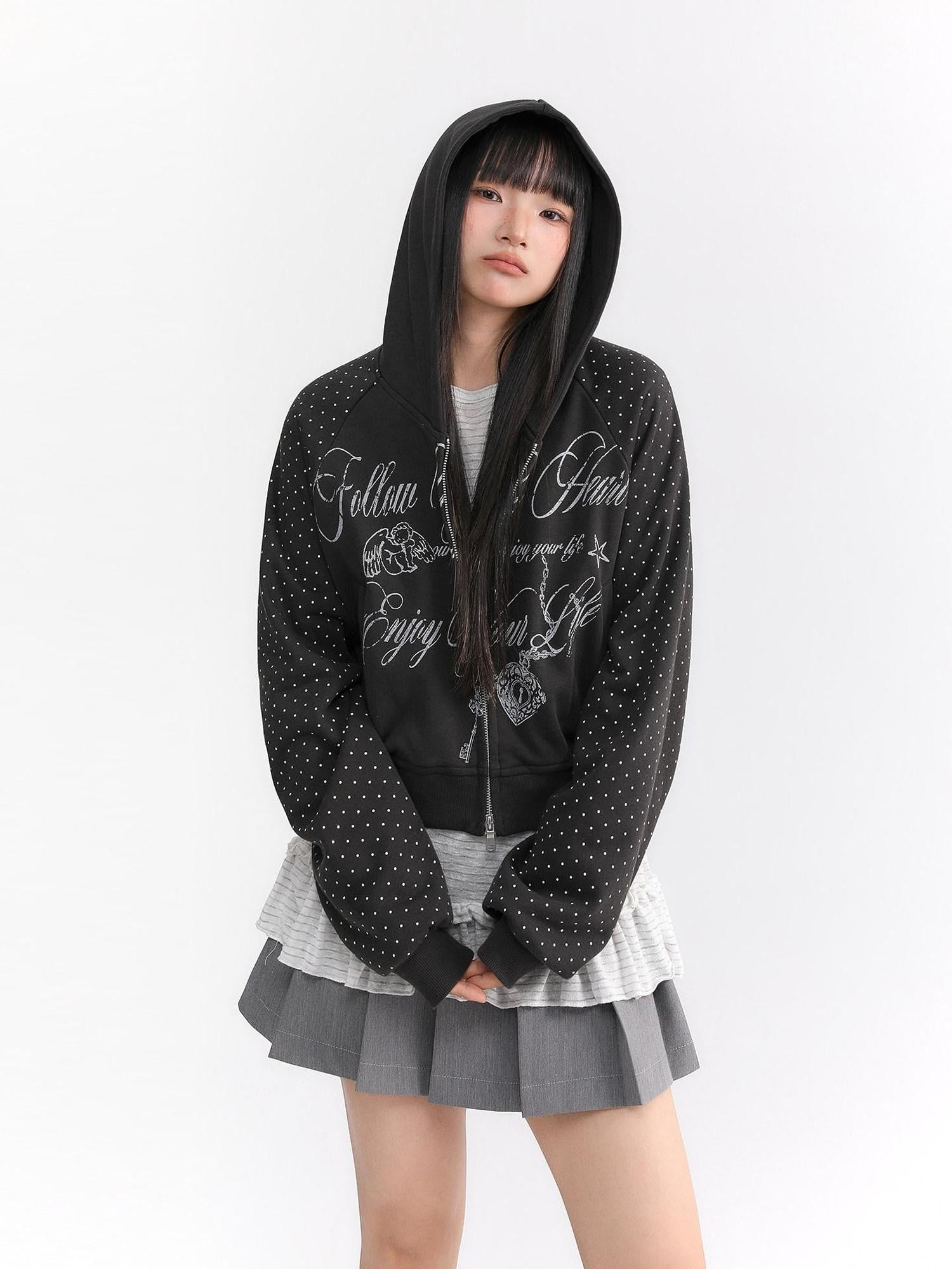 atrandom Dark Gray Dot Patch Plastisol Lettering Raglan Women&