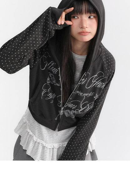 atrandom Dark Gray Dot Patch Plastisol Lettering Raglan Women&