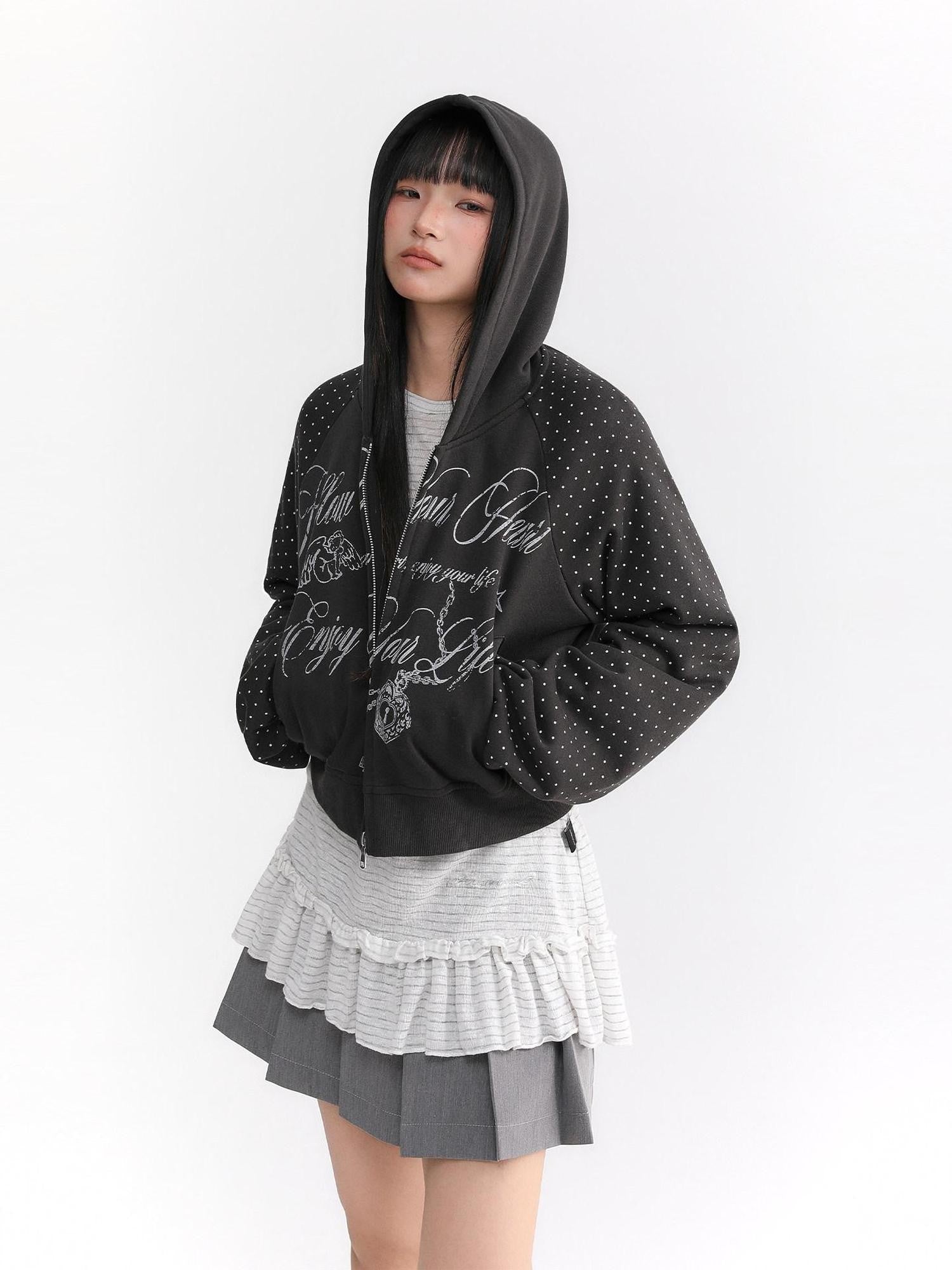 atrandom Dark Gray Dot Patch Plastisol Lettering Raglan Women&