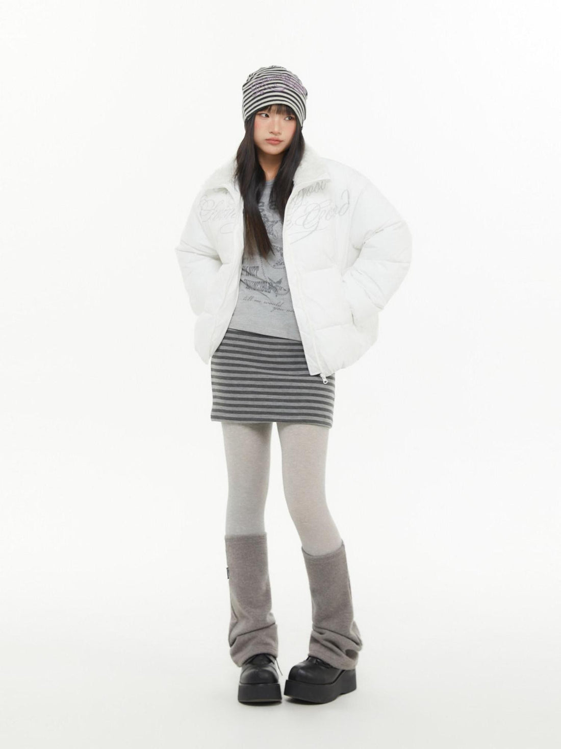 atrandom Dark Gray Zebra Stripe Spliced Brushed Fleece Women&