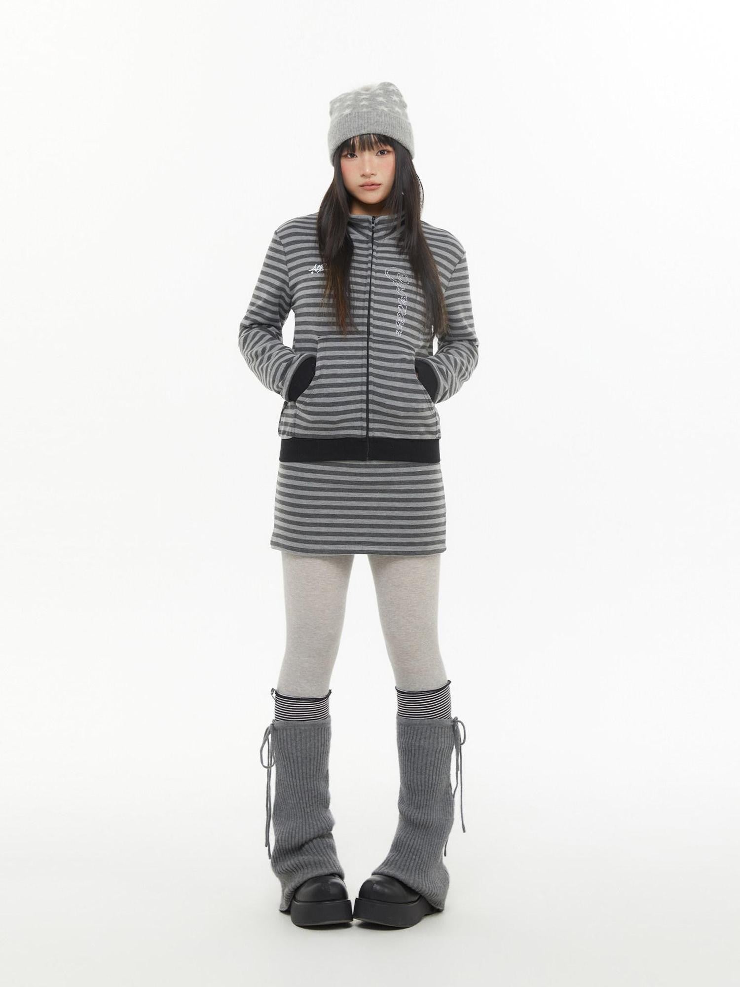 atrandom Dark Gray Zebra Stripe Spliced Brushed Fleece Women&