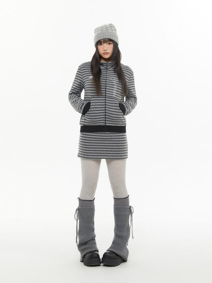 atrandom Dark Gray Zebra Stripe Spliced Brushed Fleece Women&