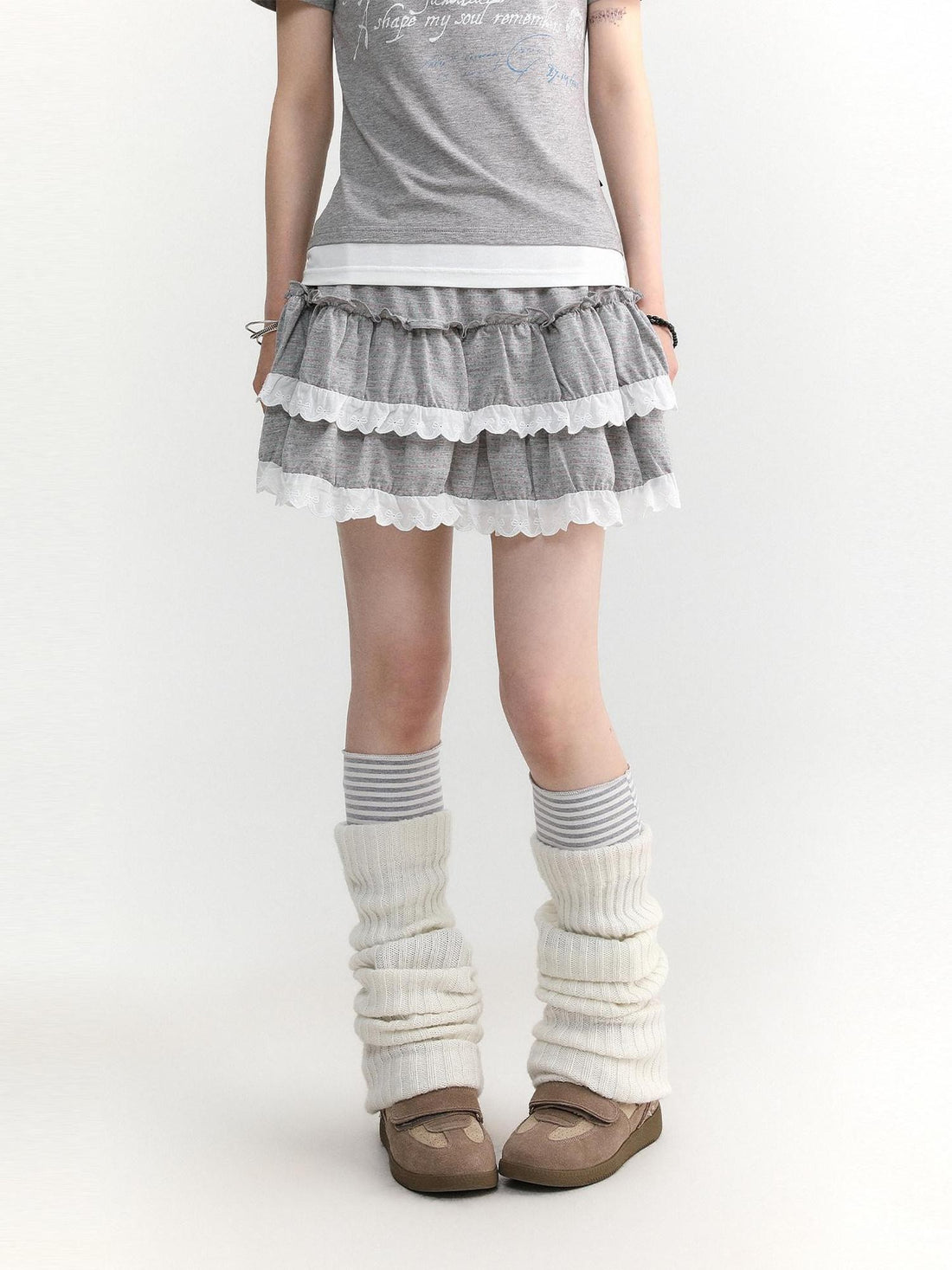 atrandom Dotted Floral Layered Lace Pleated High Waist Women&