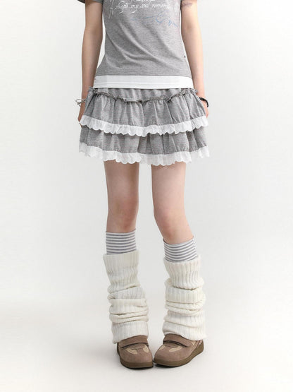 atrandom Dotted Floral Layered Lace Pleated High Waist Women&