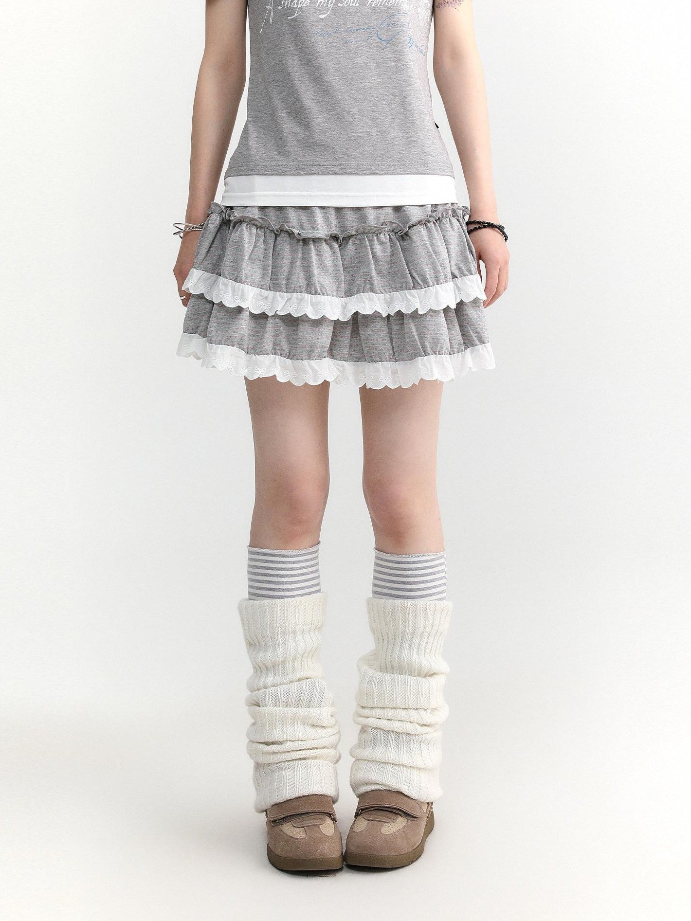 atrandom Dotted Floral Layered Lace Pleated High Waist Women&