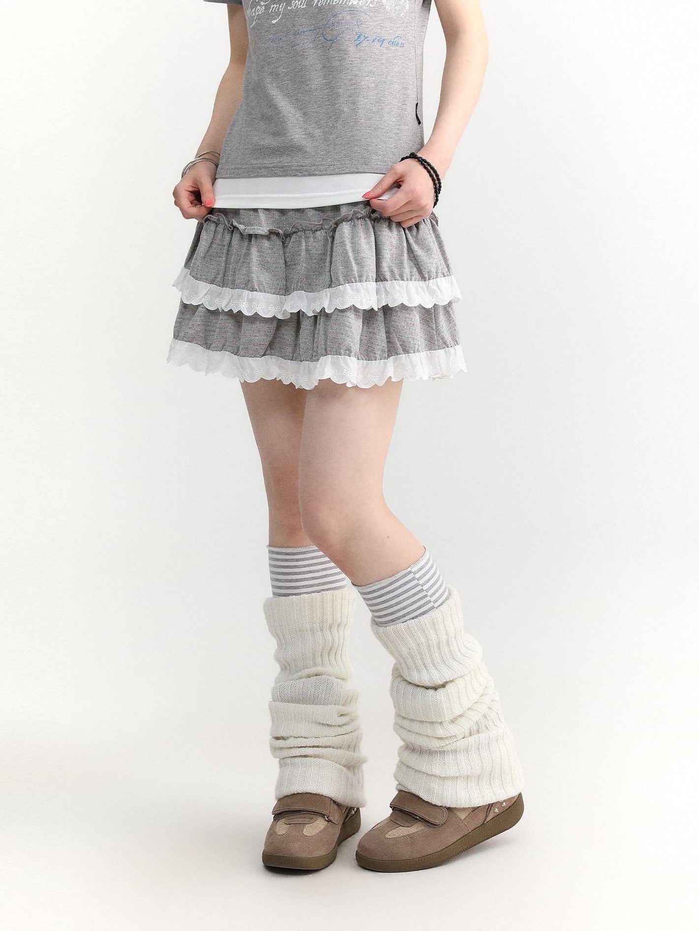 atrandom Dotted Floral Layered Lace Pleated High Waist Women&