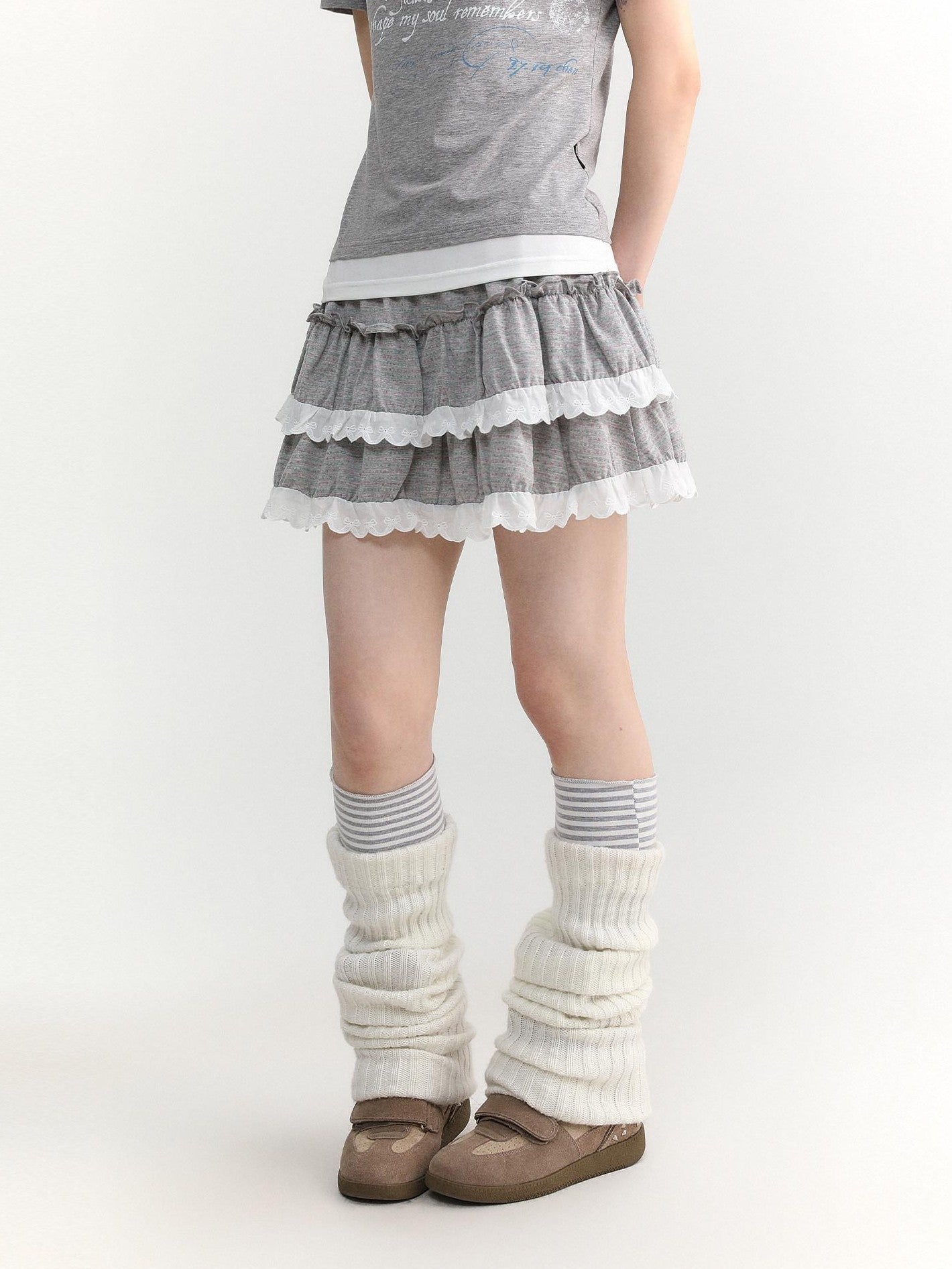 atrandom Dotted Floral Layered Lace Pleated High Waist Women&