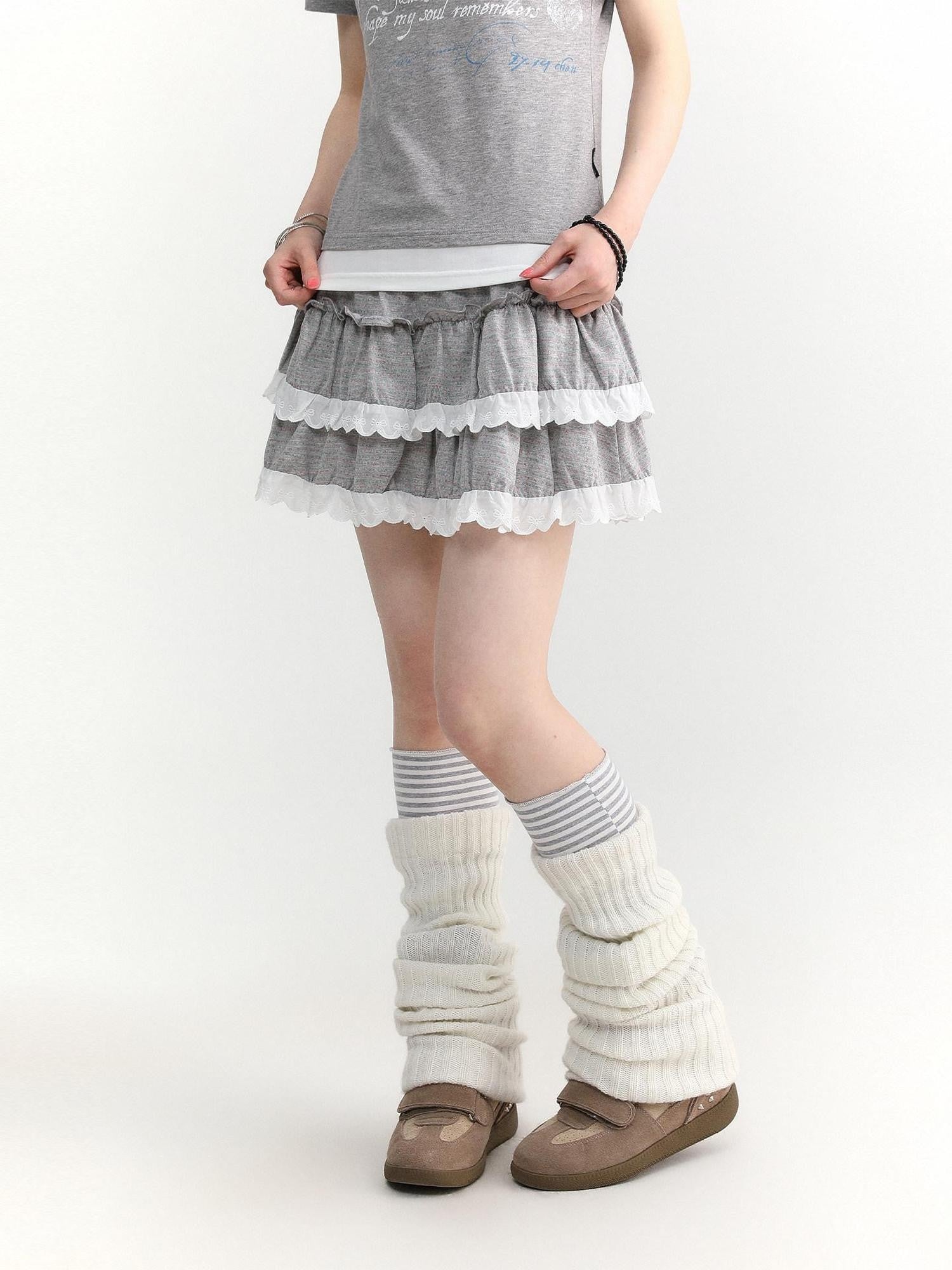 atrandom Dotted Floral Layered Lace Pleated High Waist Women&