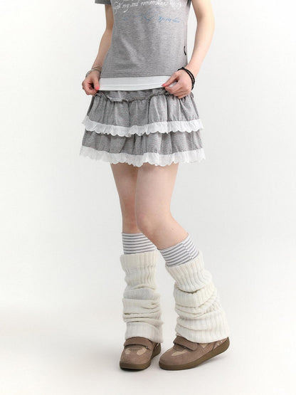atrandom Dotted Floral Layered Lace Pleated High Waist Women&