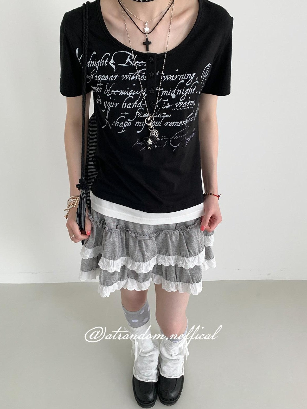 atrandom Dotted Floral Layered Lace Pleated High Waist Women&