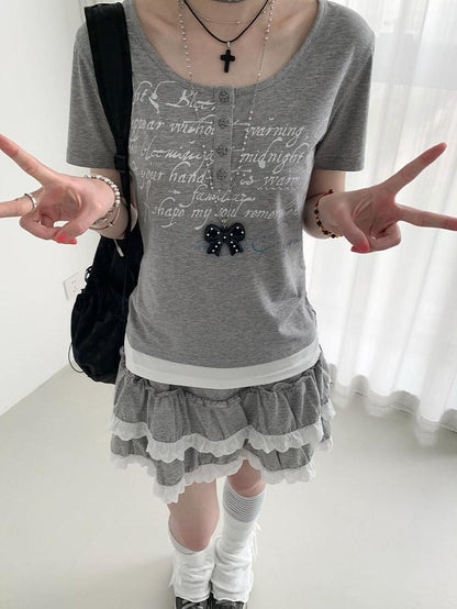 atrandom Dotted Floral Layered Lace Pleated High Waist Women&