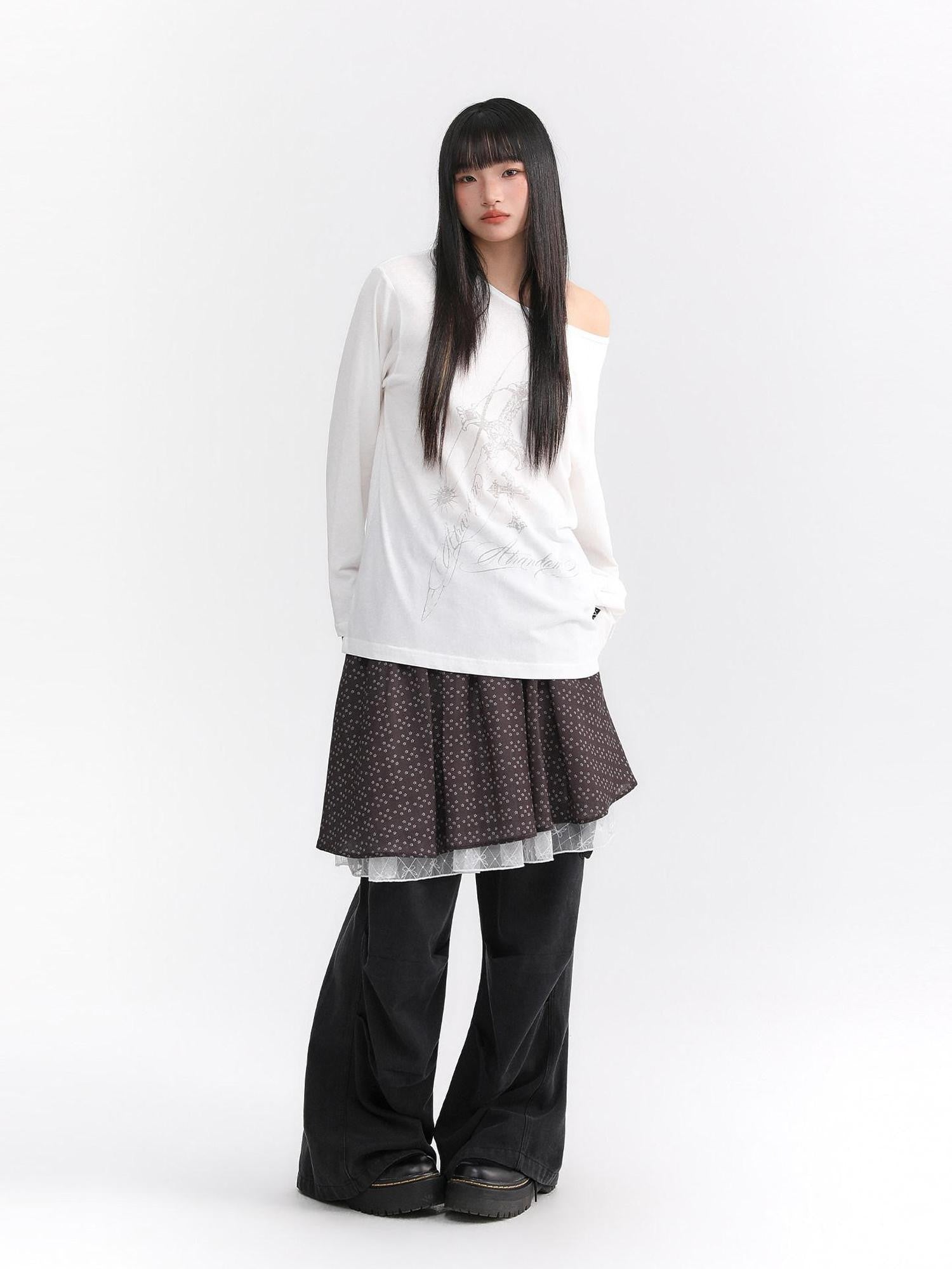 atrandom Dusty Floral Mesh Lace Trim Layered Women&