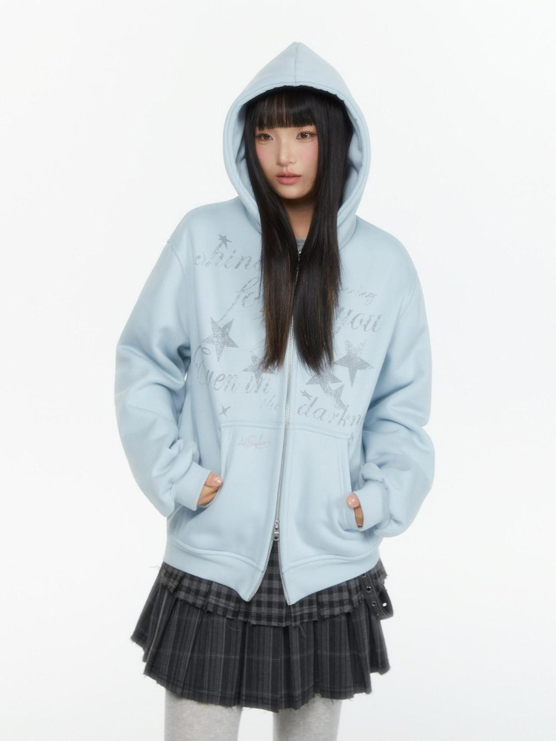 atrandom Embroidered Print Two Way Zip Hooded Women&