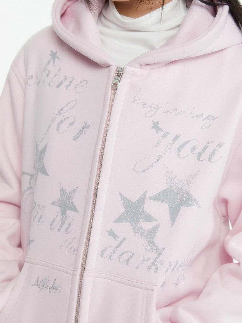 atrandom Embroidered Print Two Way Zip Hooded Women&