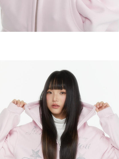 atrandom Embroidered Print Two Way Zip Hooded Women&
