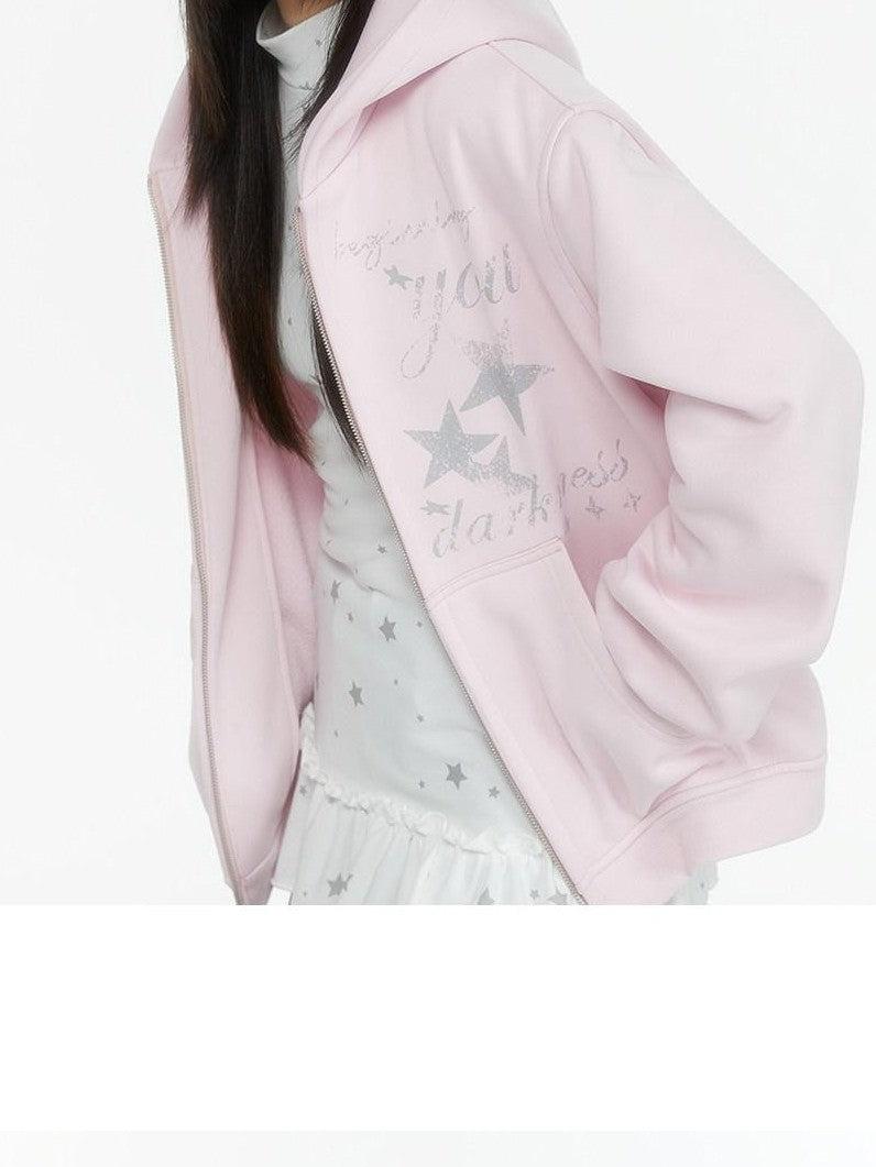 atrandom Embroidered Print Two Way Zip Hooded Women&