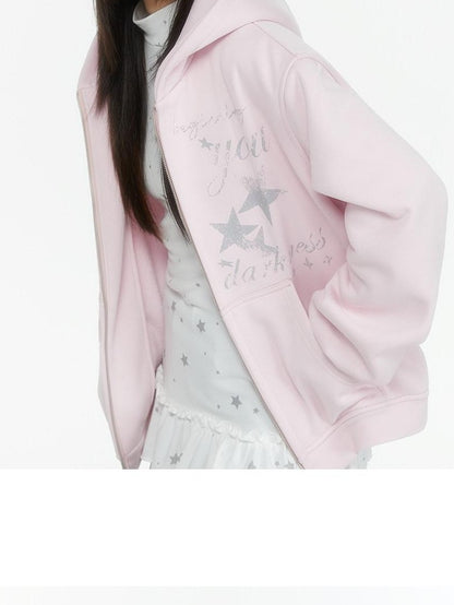atrandom Embroidered Print Two Way Zip Hooded Women&