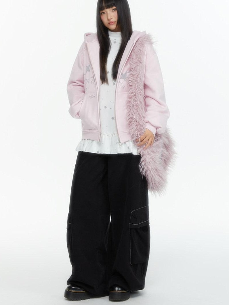 atrandom Embroidered Print Two Way Zip Hooded Women&