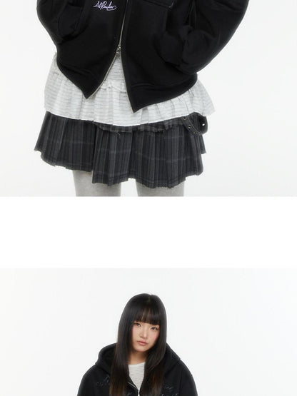atrandom Embroidered Print Two Way Zip Hooded Women&