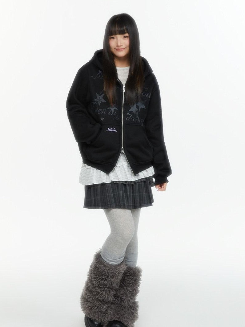 atrandom Embroidered Print Two Way Zip Hooded Women&