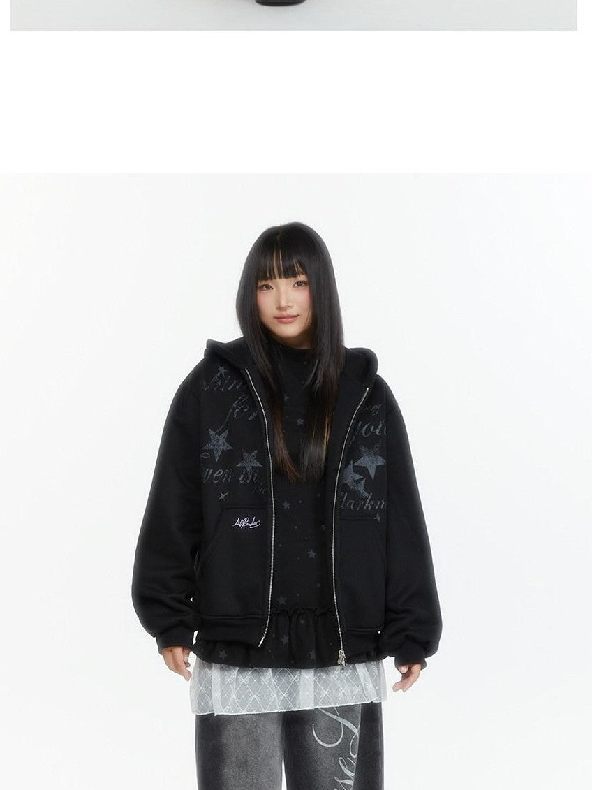 atrandom Embroidered Print Two Way Zip Hooded Women&