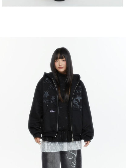 atrandom Embroidered Print Two Way Zip Hooded Women&