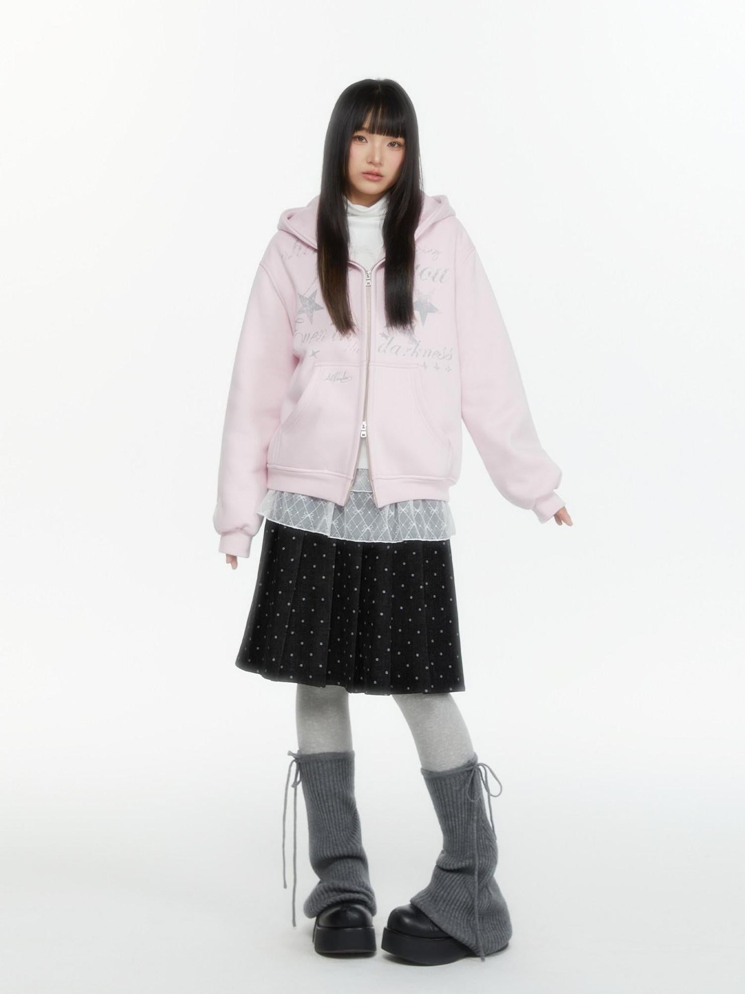 atrandom Embroidered Print Two Way Zip Hooded Women&
